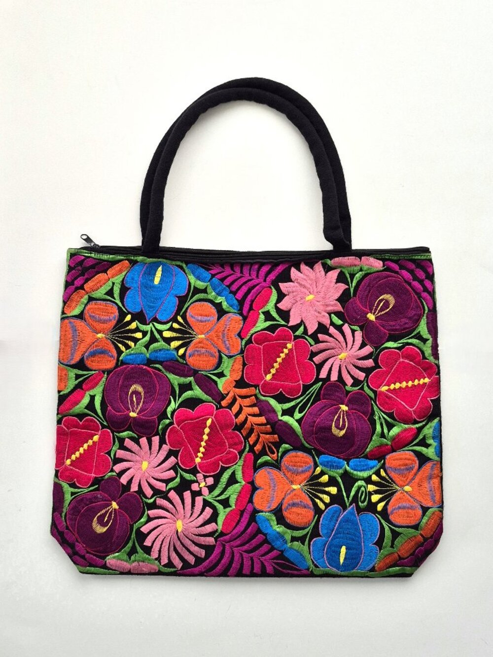 Mexican hand-embroidered floral tote bag